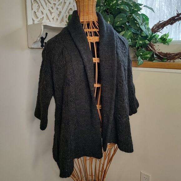 LOFT Cable Knit Open Front Grey Alpaca Wool Cardigan - Picture 4 of 7